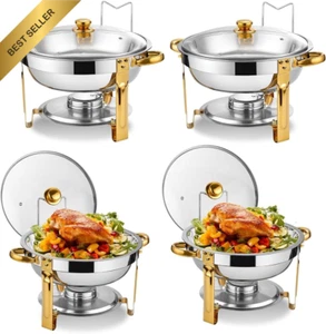 4-Pack 5QT Round Gold Chafing Dishes Buffet Set Glass Lid Holder - Picture 1 of 12