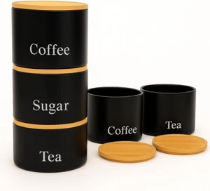 Juego de 3 botes herméticos apilables para té, café y azúcar - frascos de almacenamiento negros - Imagen 1 de 5