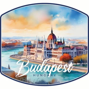Budapest Hungary Watercolor Cityscape Design Souvenir Sticker - Afbeelding 1 van 4