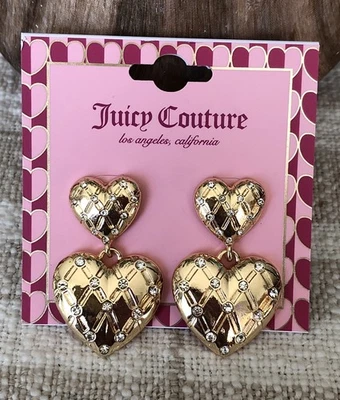 Juicy Couture Gold Tone Quilted Double Heart Drop Earrings Crystal Accents NWT - Image 1 of 4