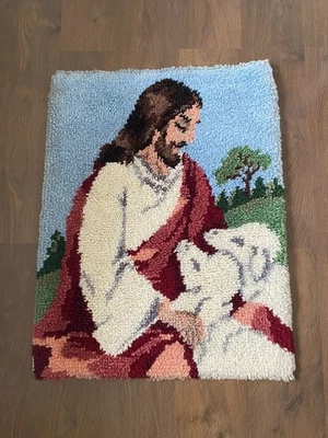 Vtg Latch Hook Rug Wall Hanging Tapestry Jesus Good Shepherd Lamb Religious Art - Image 1 of 4
