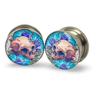 Par de medidores Screw on Skull and Roses Picture Plugs 16g a 1 polegada - Imagem 1 de 4