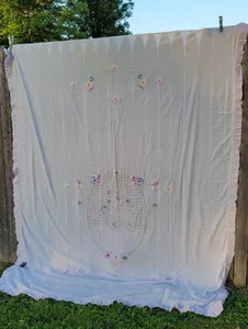 Antique 1926 Hand Embroidered Lady Flowers Pastels Pink Ruffled Border Coverlet - Picture 1 of 16