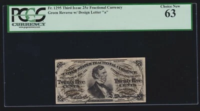 US 25c Fractional Currency 3rd Issue FR 1295 design 'a' var PCGS 63 Ch CU (02) - Image 1 of 2