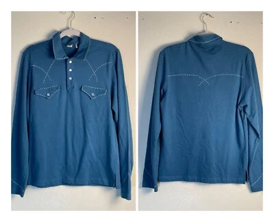 FRX Sz Small Western Shirt 1/4 Button Pearl Snap Stitching Brushed Cotton Blue - Image 1 of 4
