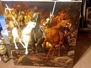 FINE O/C PAINTING 3 HORSEMEN DEATH FAMINE WAR DEAD ARMY CREEPY JAMES CLINE 1985 - Picture 1 of 12