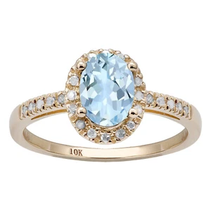 Anillo de halo de diamantes y aguamarina ovalada de oro amarillo de 10 K - Imagen 1 de 5