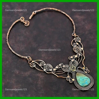 Collar de cumpleaños con cadena de flores envuelta en alambre de cobre piedras preciosas de crisocola joyería Foto 1 de 4