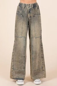 Mittoshop Washed Wide Leg Jeans with Pockets - Picture 1 of 8