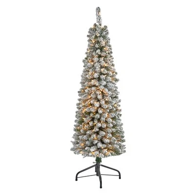 Nearly Natural 5ft. Flocked Pencil Artificial Christmas Tree with 200 Clear Ligh - Image 1 of 4