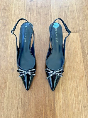MADDEN GIRL 8.5 Women's Kitten Heel Black Patent Slingback Rhinestone Bow - Image 1 of 4