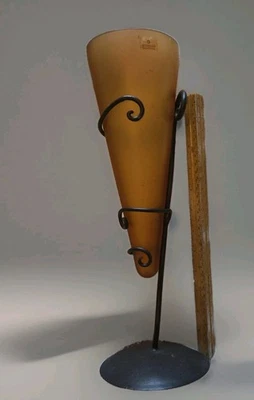 Blown Glass Amber Cone Shaped Flower Vase w Artistic Metal Holder Portugal 15x5" - Image 1 of 4