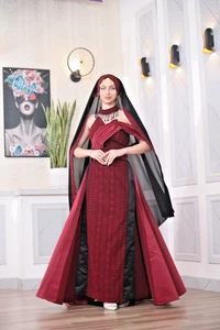 Women Palestinian Embroidered Thobe Tatreez Polyester with Satin Details & Scarf - Picture 1 of 5