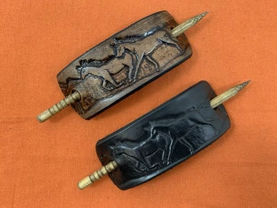 2 Leather Hair Barrettes w Sticks, Ponytail, Two Running Horses Handcrafted #222 - Image 1 of 4