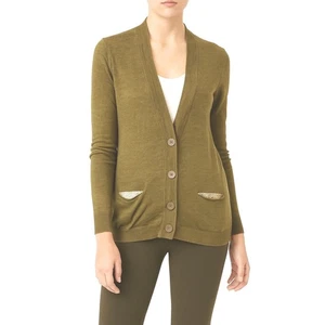 LOFT Olive Green Merino Wool Blend Cardigan Sequins Pockets chartreuse M 72-04 - Picture 1 of 16