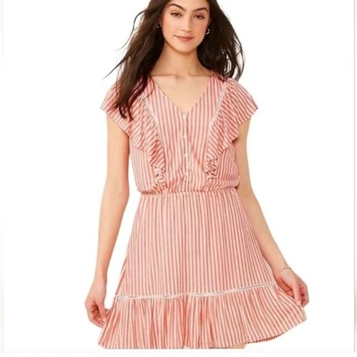 Nuevo con etiquetas Mini Vestido Lauren Conrad Volantes Sin Mangas Caramelo Rayas Talla XL Foto 1 de 4
