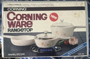 Vintage Corning Ware Peach Floral 5 Piece Starter Set NEW Sealed Box Range Top - Picture 1 of 5