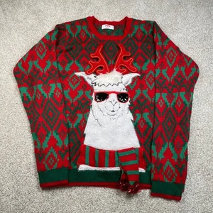 Holiday Time XL Ugly Christmas Sweater Llama Reindeer Antlers Red Green 46-48 - Picture 1 of 8