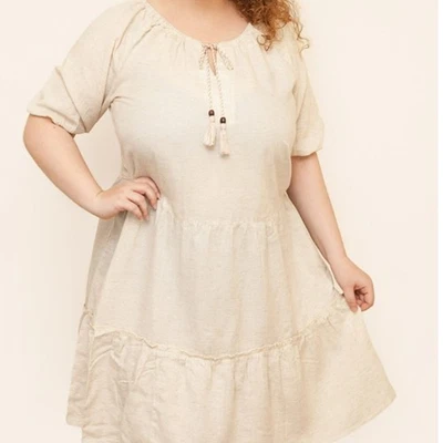 Vestido MLLE GABRIELLE 3X Beige Midi Boho Campesino Lagenlook Borla Corbata Volantes Animal Foto 1 de 4