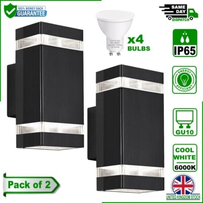 IP65 Mains Powered Up/down LED Wall Light With GU10 Cool White Bulbs - Pack of 2 - Image 1 of 4