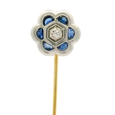 Antiguo prendedor Art Deco oro 18k zafiro diamante milgrain grabado flor palo Foto 1 de 4