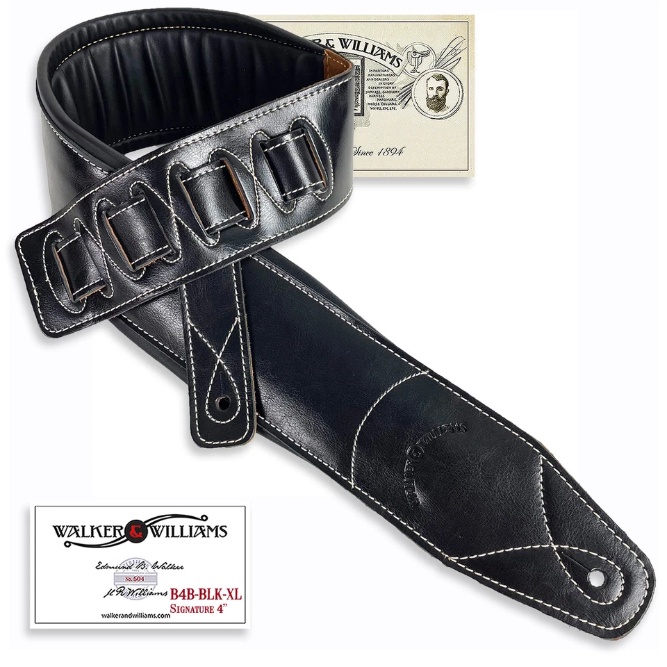 Walker & Williams B4b-xl Extra Long 4 Wide Leather Padded Bass Strap up to 64"