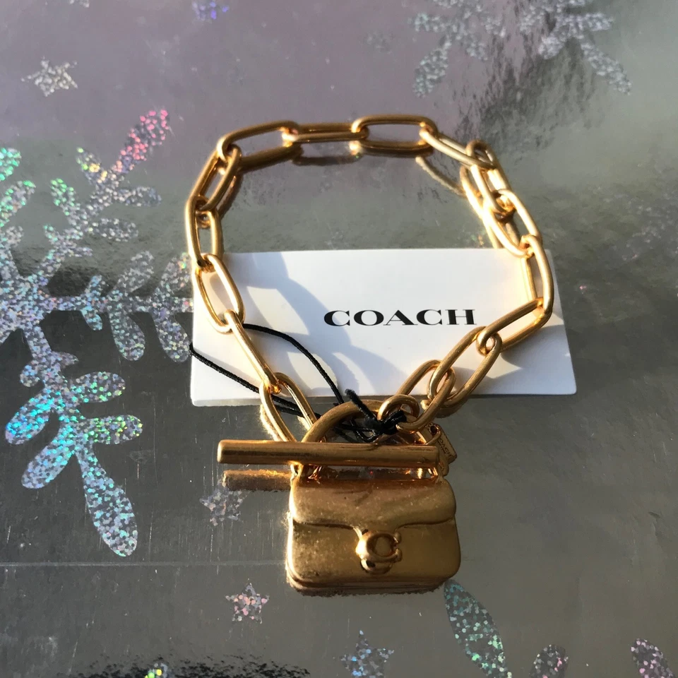 COACH MINI TABBY HANDBAG CHARM Matte Gold Tone Brass Chain Bracelet