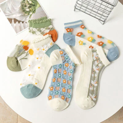 5 pares de meias transparentes senhora cristal renda elástica verão tornozelo flor meias - Imagem 1 de 4