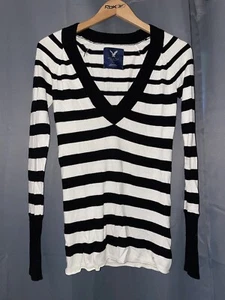 CAMISA SUÉTER MANGA LARGA A RAYAS AMERICAN EAGLE DELGADA MUJER M MEDIANA NEGRA BLANCA - Imagen 1 de 3