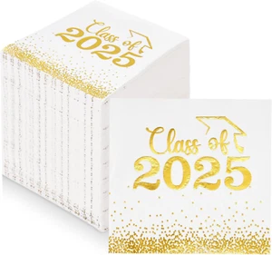 Class of 2025 Graduation Napkins - 100 PCS White and Gold Polka Dot Paper Napkin - Picture 1 of 12