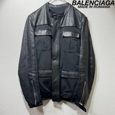 Balenciaga Paris Men’s Leather Jacket Band Collar Riders Blouson Black - Image 1 of 4