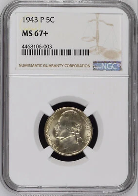 1943-P 5C Jefferson Nickel NGC MS67+       4468106-003 - Image 1 of 2