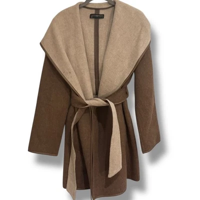 Peruvian Connection Medium Hooded Alpaca Wool Leather Wrap Belted Coat Luxury - Image 1 of 4
