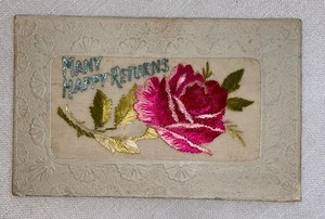 WW1 Embroidered Silk Postcard MANY HAPPY RETURNS - Picture 1 of 2