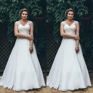 Chiffon Wedding Dresses White V Neck Elegant with Train A Line Bridal Gowns - Picture 1 of 9