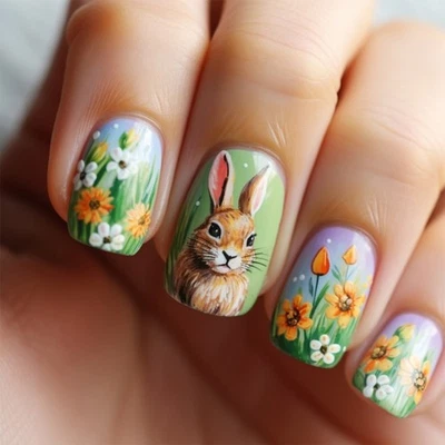 24pcs Short Square False Nail Featuring Easter Floral Designs Easy to Apply - Image 1 of 4