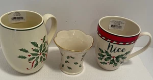 Lenox Holiday Holly Berry Leaves Mugs and Votive Candle Holder Qty 3 Excellent - Picture 1 of 10
