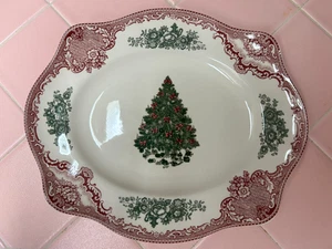 Johnson Brothers Old Britain Castles Pink Christmas Green Tree Serving Platter - Picture 1 of 8
