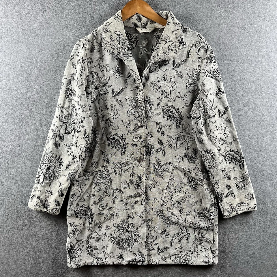 Orvis Tapestry Button Down Jacket Womens M Gray Abstract Floral Long Vintage - Imagem 1 de 4