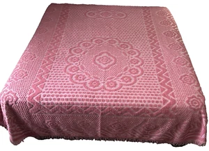 Vtg Pink Rose Polyester Chenille Bedspread w/Fringe Full Sz 92" x 98” MCM *Notes - Picture 1 of 12