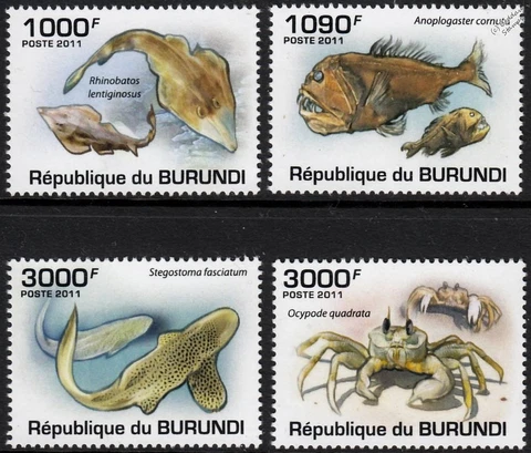 MARINE LIFE Fish/Guitarfish/Fangtooth/Zebra Shark/Crab Stamp Set (2011 Burundi) Cover
