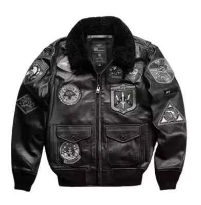 Men's Top Gun G1 Bomber Fur Collared Soft Lambskin Leather Flight Fashion Jacket - Image 1 of 4