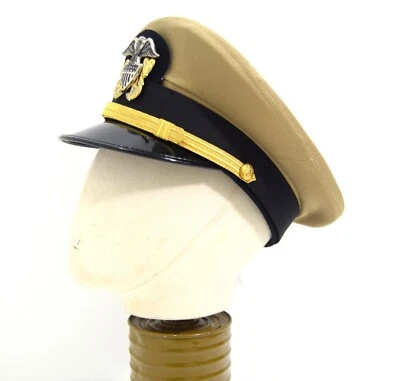 WW2 US Navy Officers Peak Cap Repro Dress Uniform Cap Military Army Tan Tropical - Image 1 of 4