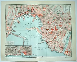 Genoa, Italy - Original 1895 City Map by Meyers. German Antique Genua - Picture 1 of 4