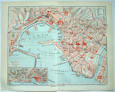 Genoa, Italy - Original 1895 City Map by Meyers. German Antique Genua - Image 1 of 4