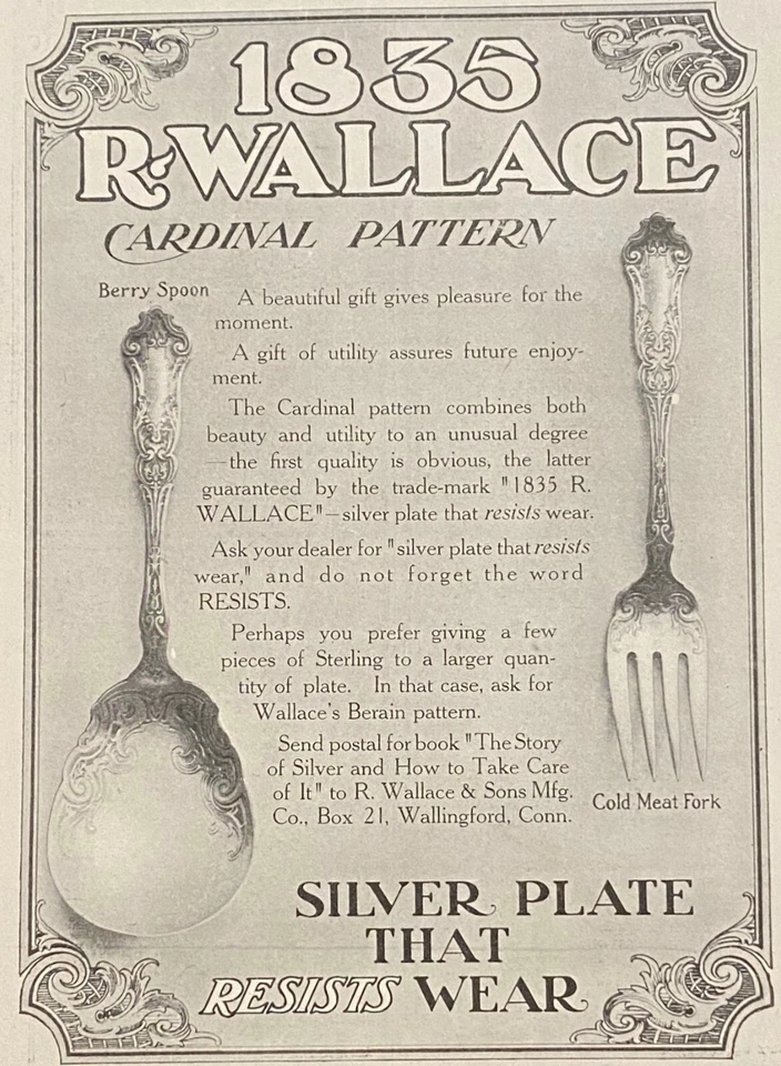 Cuchara de bayas y tenedor de carne con plato de plata patrón cardinal 1835 R. WALLACE 1907 anuncio impreso Foto 1 de 2