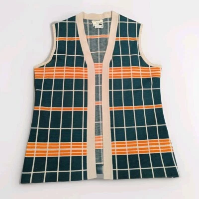 复古 Tokki Tu 100% 羊毛针织背心女式 18 (XL) 格纹绿色香港 — 第 1/4 张图片