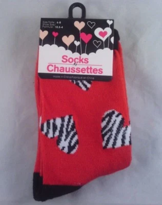 Girls Valentine's Day Crew Socks Size 6-8  Zebra Striped Hearts  RED NWT - Image 1 of 3