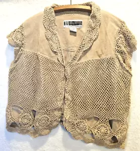 Jessica London JL Studio L Beige Jacket  100% Leather Boho Cotton Crochet Trim - Picture 1 of 4