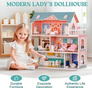 ROBUD Wooden Dollhouse for Kids Girls, Toy Gift for 3+ Years Old, with Furniture - Picture 1 of 6